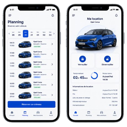 Interface de l'application LOKA PERMIS pour réserver et déverrouiller un véhicule double commande